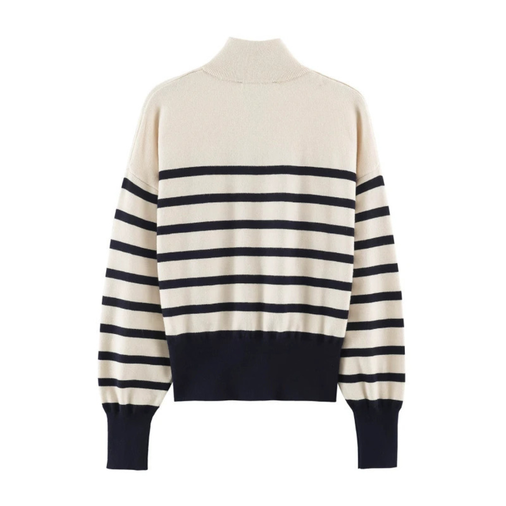 ZARA Stand Collar Zipper Contrast Stripe Knit Sweater